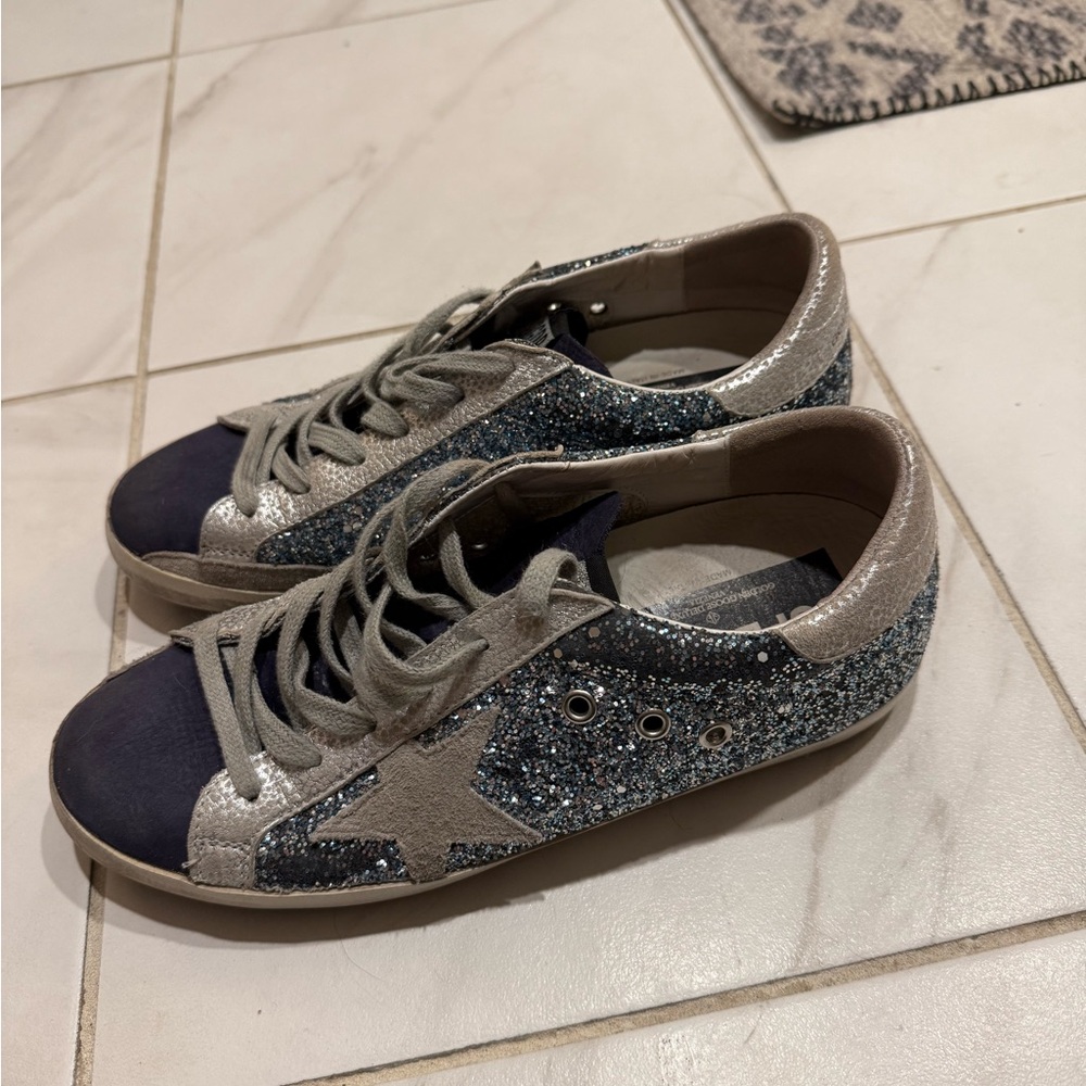 Golden Goose Navy and Silver Glitter Sneakers
